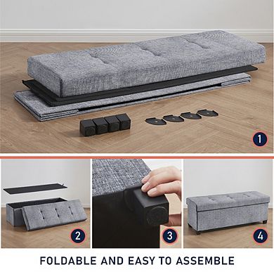 Ornavo Home Foldable Tufted 43 Inch Long Linen Bench Storage Ottoman with Legs