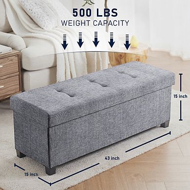 Ornavo Home Foldable Tufted 43 Inch Long Linen Bench Storage Ottoman with Legs