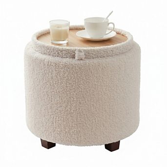 Ornavo Home Lawrence Round Boucle White Storage Ottoman with Table Top Lid