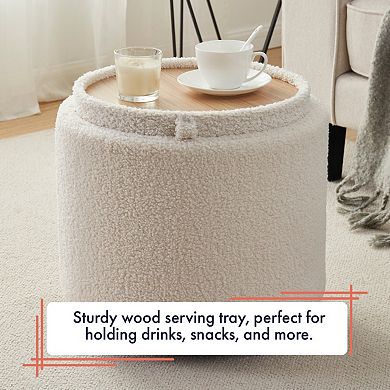 Ornavo Home Lawrence Round Boucle White Storage Ottoman with Table Top Lid