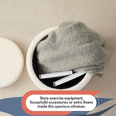 Ornavo Home Lawrence Round Boucle White Storage Ottoman with Table Top Lid