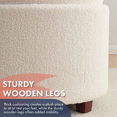 Ornavo Home Lawrence Round Boucle White Storage Ottoman with Table Top Lid