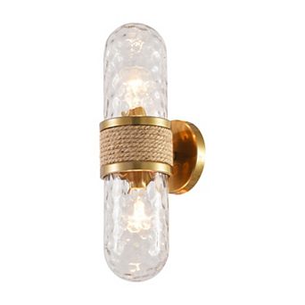 5" Modern Gold Vanity Light 2-Light Bathroom Wall Sconce with Jute Rope and Hammered Glass Shade