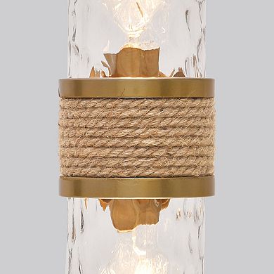 5" Modern Gold Vanity Light 2-Light Bathroom Wall Sconce with Jute Rope and Hammered Glass Shade