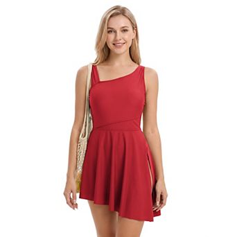 Charmo Women Asymmetric Neckline Side Slit Swim Dress