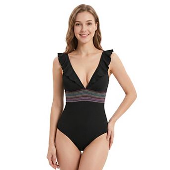 Charmo Women Ruffle Sleeve Colorful Waistband V Neck One Piece Swimsuit