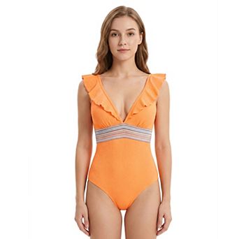 Charmo Women Ruffle Sleeve Colorful Waistband V Neck One Piece Swimsuit