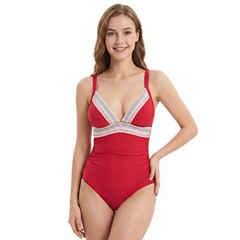 Charmo Women Colorful Stripe Trim Ruched One Piece Swimsuit