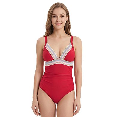 Charmo Women Colorful Stripe Trim Ruched One Piece Swimsuit