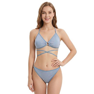 Charmo Women Shiny Crisscross Wrap Bikini 3 Piece Set
