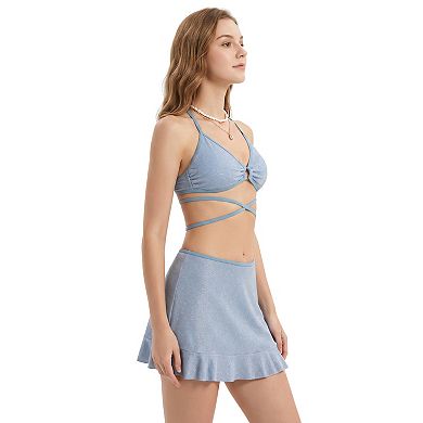 Charmo Women Shiny Crisscross Wrap Bikini 3 Piece Set