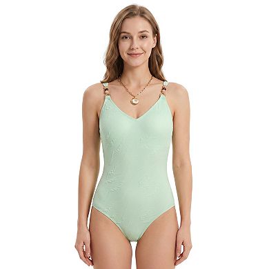 Charmo Women Embossed V Neck Beaded Strap One Piece Swimsuit