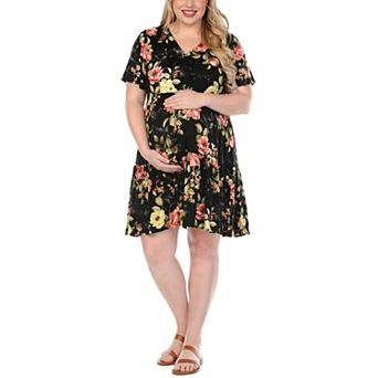 Plus Size Floral Print Short Sleeve V-Neck Maternity Dress