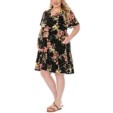 Plus Size Floral Print Short Sleeve V-Neck Maternity Dress