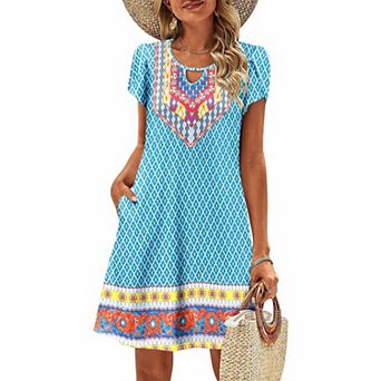 Zeagoo Women's Summer Beach Boho Dress Short Sleeve Casual Shift Dress with Pockets