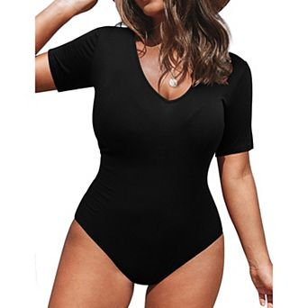 Zeagoo Women's Plus Size Short Sleeve Scoop Neck Basic Bodysuit Top
