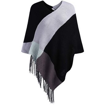 Zeagoo Women's Knitted Fringed Striped V-Neck Poncho Cape Shawl Wrap