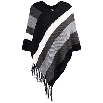 Zeagoo Women's Knitted Fringed Striped V-Neck Poncho Cape Shawl Wrap