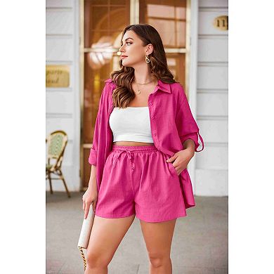 Zeagoo Women's Plus Size Cotton Linen 2 Piece Shirt & Shorts Set