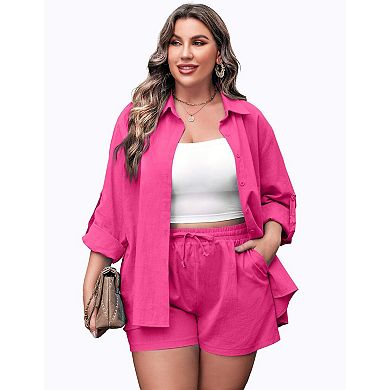 Zeagoo Women's Plus Size Cotton Linen 2 Piece Shirt & Shorts Set