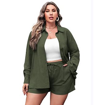 Zeagoo Women's Plus Size Cotton Linen 2 pc Shirt & Shorts Set