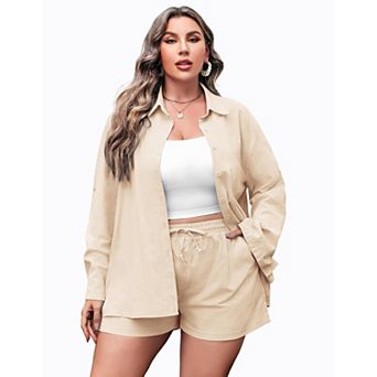 Zeagoo Women's Plus Size Cotton Linen 2 pc Shirt & Shorts Set