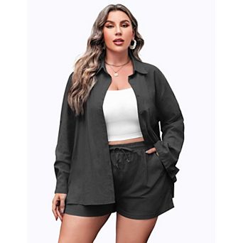 Zeagoo Women's Plus Size Cotton Linen 2 pc Shirt & Shorts Set