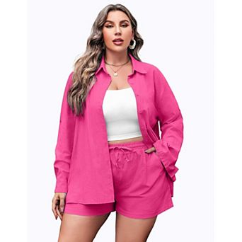 Zeagoo Women's Plus Size Cotton Linen 2 pc Shirt & Shorts Set
