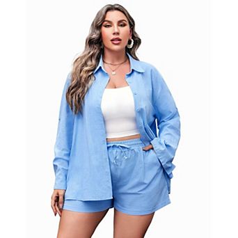 Zeagoo Women's Plus Size Cotton Linen 2 pc Shirt & Shorts Set