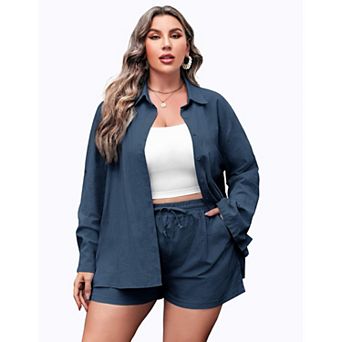 Zeagoo Women's Plus Size Cotton Linen 2 pc Shirt & Shorts Set
