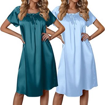 Ekouaer Satin Nightgowns for Women Two Pack Silk Nightgown Pleated Loose Night Shirts Sleep Shirts