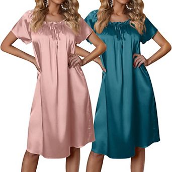 Ekouaer Satin Nightgowns for Women Two Pack Silk Nightgown Pleated Loose Night Shirts Sleep Shirts