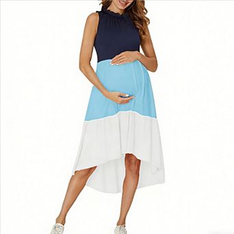 Women's Sleeveless Color Block Maternity Dress Ruffle Neck High Low Hem Pregnancy Dress