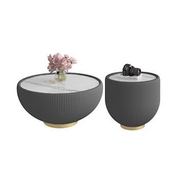 Round End Table with Sintered Stone Pattern and Metal Base for Home Decor