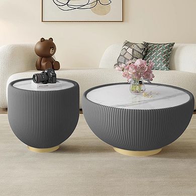 Round End Table with Sintered Stone Pattern and Metal Base for Home Decor