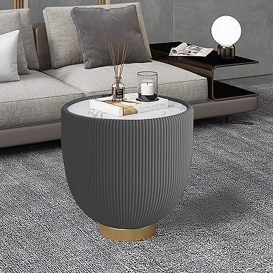 Round End Table with Sintered Stone Pattern and Metal Base for Home Decor