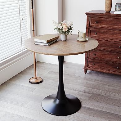 Round Dining Table with Pedestal Base and Smooth Wood Texture for Kitchen Areas