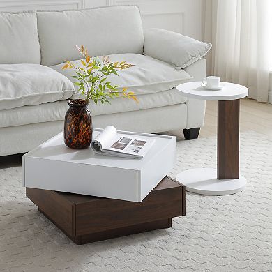 Rotating Coffee Table with Two Drawers and Swivel Storage for Living Room