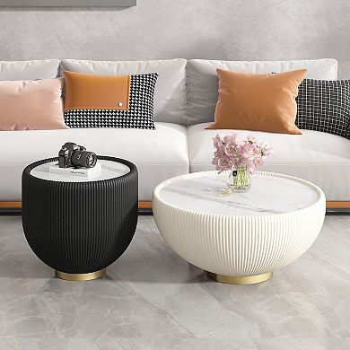 Round End Table with Sintered Stone Pattern and Metal Base for Home Decor
