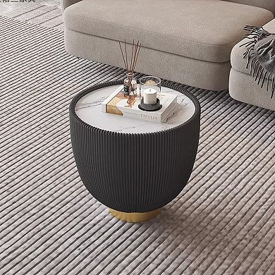 Round End Table with Sintered Stone Pattern and Metal Base for Home Decor