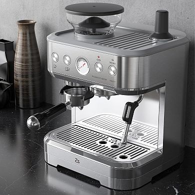 Coffee Maker with Bean Grinder, Stainless Steel Body & Silver-Plated Basket