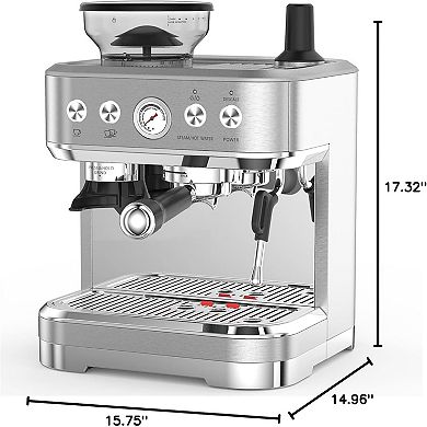 Coffee Maker with Bean Grinder, Stainless Steel Body & Silver-Plated Basket