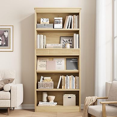 71" Tall Rustic 5 Tier Bookcase with Double Fluted Design, Adjustable Shelves, Wood Base
