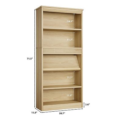 71" Tall Rustic 5 Tier Bookcase with Double Fluted Design, Adjustable Shelves, Wood Base