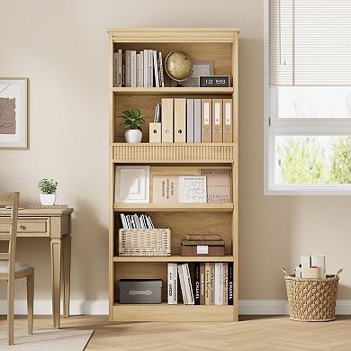 71" Tall Rustic 5 Tier Bookcase with Double Fluted Design, Adjustable Shelves, Wood Base