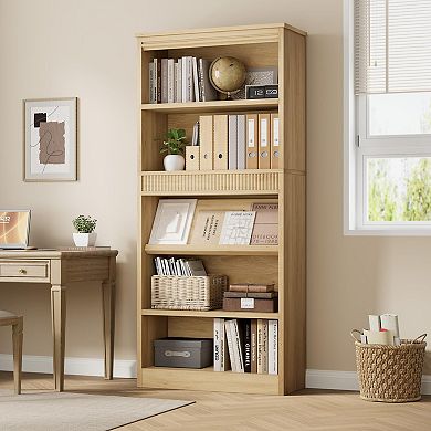 71" Tall Rustic 5 Tier Bookcase with Double Fluted Design, Adjustable Shelves, Wood Base