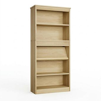 71" Tall Rustic 5 tier Bookcase with Double Fluted Design, Adjustable Shelves, Wood Base