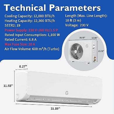 12000 BTU Mini Split AC/Heating System, 19 SEER2 6-in-1 Inverter Split System Air Conditioners