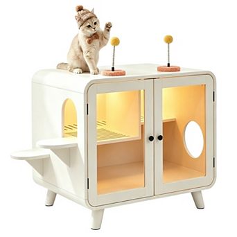 Hidden Cat Litter Box Enclosure With Led Light Stairs And Interactive Play Accessories