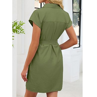 Women's Shirt Dress Short Sleeve Button Down Belted Mini Dress with Pockets